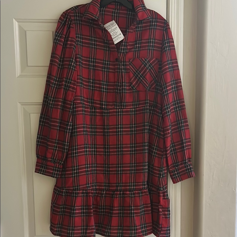 Red Plaid Long-Sleeve Dress new L drop waist